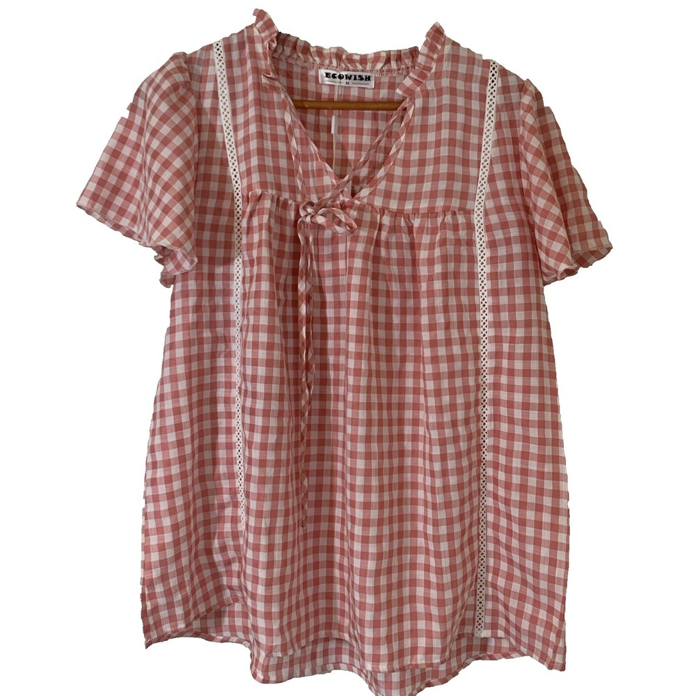 Ecowish‎ Womens Gingham Lace Insert Top Size M Cottagecore Western Festival
